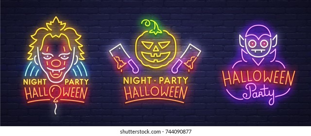 Set neon logo, label, emblem. Happy Halloween. Neon sign, bright signboard, light banner. 