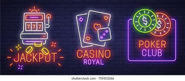 Set neon logo, label, emblem. Casino and Poker. Neon sign, bright signboard, light banner. 