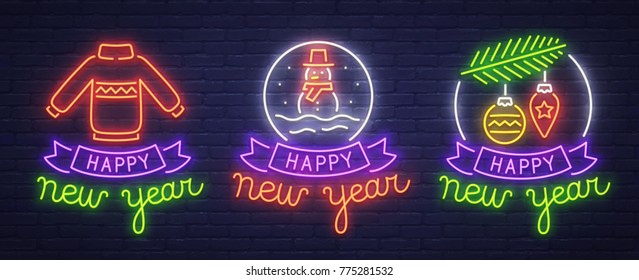 Set neon logo, label, emblem. Happy New Year and Merry Christmas. Neon sign, bright signboard, light banner. 