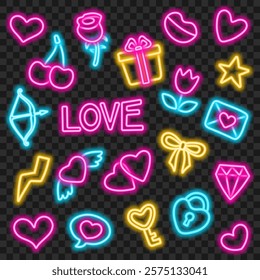 Set of neon love icons on a transparent background. Includes hearts, roses, gift, key, lock, and other romantic symbols in pink, blue, and yellow. Perfect for Valentine's Day and design projects.