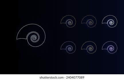 A set of neon marine nautilus symbols. Set of different color symbols, faint neon glow. Vector illustration on black background