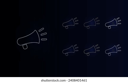 A set of neon megaphone symbols. Set of different color symbols, faint neon glow. Vector illustration on black background