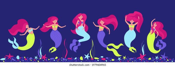 Set with neon mermaids on a dark background. Design of children's products with a fairytale hero. Flat vector illustration.