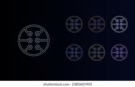 A set of neon microcircuit symbols. Set of different color symbols, faint neon glow. Vector illustration on black background