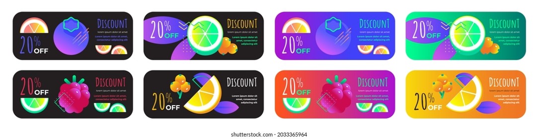 Set of neon minimalistic discounts on dark and colorful background with citrus fruits, berries and geometric elements