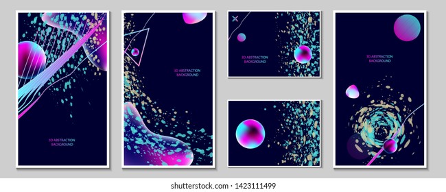 Set neon modern abstract color line Dark retro futuristic art background cosmos starry sky glowing galaxy blue abstraction circles new art
