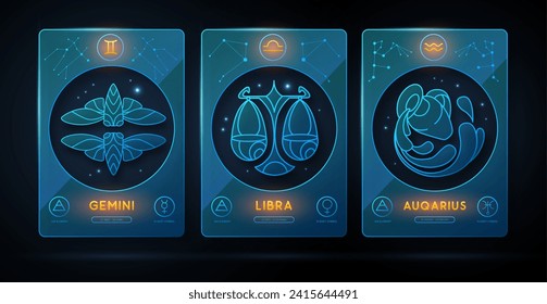 Set of neon modern magic witchcraft cards with astrology air zodiac signs. Zodiac characteristic. Gemini, Libra, Aquqrius Zodiac icons. Vector illustration