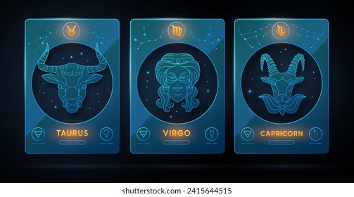 Juego de neones modernos de brujería mágica con signos de zodiac astrología tierra. Característica del zodiaco. Iconos Taurus, Virgo, Capricornio Zodiac. Ilustración del vector