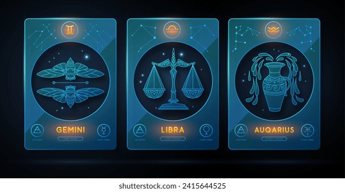 Juego de neones modernos de brujería mágica con signos de zodiaco de aire astrología. Característica del zodiaco. Iconos Gemini, Libra, Aquqrius Zodiac. Ilustración del vector