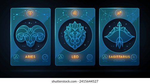 Set of neon modern magic witchcraft cards with astrology fire zodiac signs. Zodiac characteristic. Zodiac icons. Vector illustration