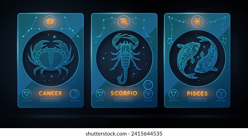 Juego de neones modernos de brujería mágica con signos de zodiaco de agua astrología. Característica del zodiaco. Cáncer, Escorpio, Pisces Zodiac iconos. Ilustración del vector