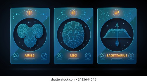 Set of neon modern magic witchcraft cards with astrology fire zodiac signs. Zodiac characteristic. Zodiac icons. Vector illustration