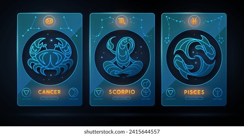 Set of neon modern magic witchcraft cards with astrology water zodiac signs. Zodiac characteristic. Cancer, Scorpio, Pisces Zodiac icons. Vector illustration