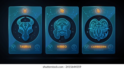 Set of neon modern magic witchcraft cards with astrology earth zodiac signs. Zodiac characteristic. Taurus, Virgo, Capricorn Zodiac icons. Vector illustration