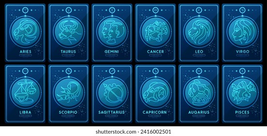 Set of neon modern magic witchcraft cards with astrology zodiac signs in the night sky. Zodiac characteristic. Zodiac icons. Vector illustration