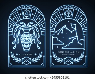 Set of neon modern magic witchcraft cards with astrology Aquarius zodiac sign characteristic. Vector illustration