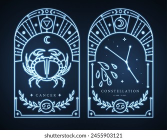 Set of neon modern magic witchcraft cards with astrology Cancer zodiac sign characteristic. Vector illustration