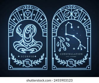 Set of neon modern magic witchcraft cards with astrology Scorpio zodiac sign characteristic. Vector illustration