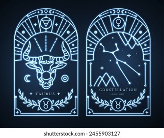 Set of neon modern magic witchcraft cards with astrology Taurus zodiac sign characteristic. Vector illustration