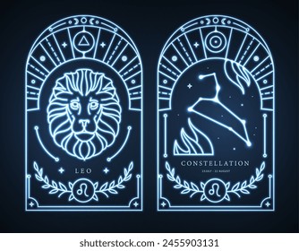 Set of neon modern magic witchcraft cards with astrology Leo zodiac sign characteristic. Vector illustration