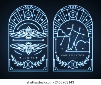 Set of neon modern magic witchcraft cards with astrology Gemini zodiac sign characteristic. Vector illustration