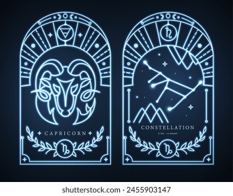 Set of neon modern magic witchcraft cards with astrology Capricorn zodiac sign characteristic. Vector illustration
