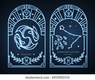 Set of neon modern magic witchcraft cards with astrology Pisces zodiac sign characteristic. Vector illustration