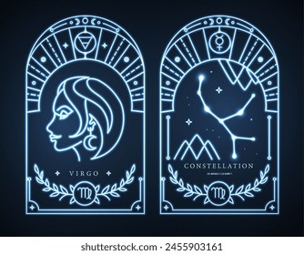 Conjunto de tarjetas de brujería mágica moderna de neón con astrología Virgo signo del zodiaco característica. Ilustración vectorial