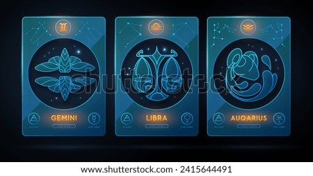 Set of neon modern magic witchcraft cards with astrology air zodiac signs. Zodiac characteristic. Gemini, Libra, Aquqrius Zodiac icons. Vector illustration
