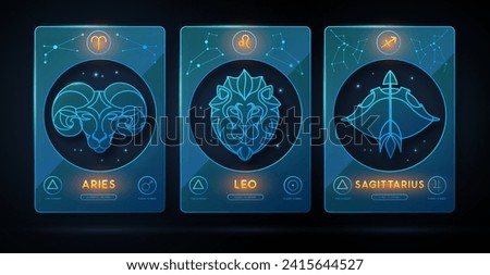 Set of neon modern magic witchcraft cards with astrology fire zodiac signs. Zodiac characteristic. Zodiac icons. Vector illustration