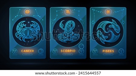 Set of neon modern magic witchcraft cards with astrology water zodiac signs. Zodiac characteristic. Cancer, Scorpio, Pisces Zodiac icons. Vector illustration
