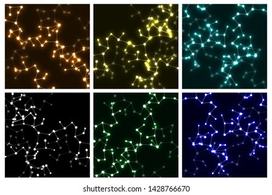 Set of neon molecular structure of DNA, abstract glowing background