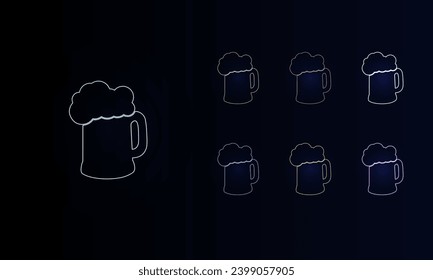 A set of neon mug beer symbols. Set of different color symbols, faint neon glow. Vector illustration on black background