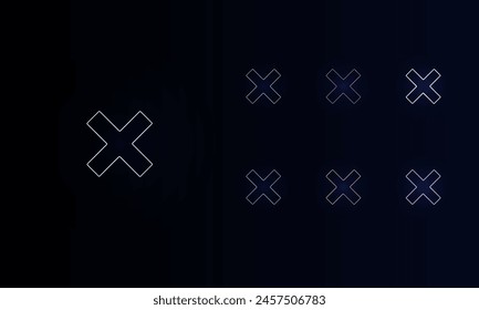 A set of neon multiplication symbols. Set of different color symbols, faint neon glow. Vector illustration on black background
