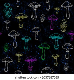 a set of neon mushrooms on a black background, vector illustration
