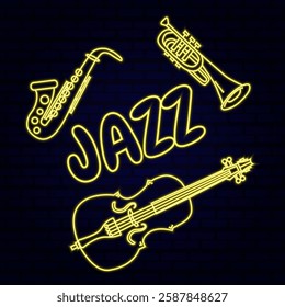 Set of neon musical jazz instruments on a dark blue brick wall background. Vector illustration.