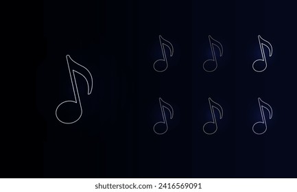 A set of neon musical note symbols. Set of different color symbols, faint neon glow. Vector illustration on black background