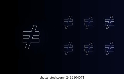 A set of neon not equal symbols. Set of different color symbols, faint neon glow. Vector illustration on black background
