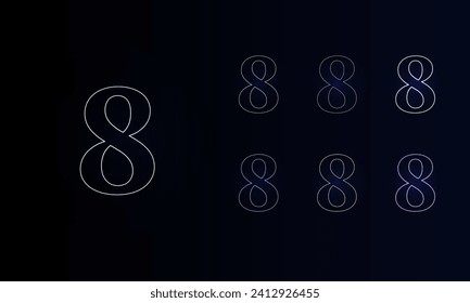 A set of neon number eight symbols. Set of different color symbols, faint neon glow. Vector illustration on black background