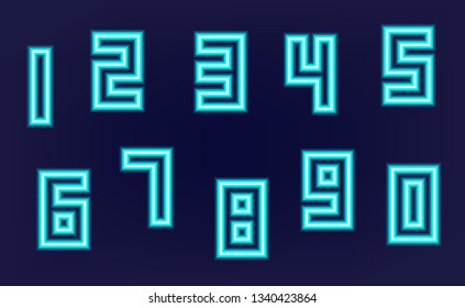 Set of Neon numbers dark blue background. Vector Illustration