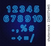 A set of neon numbers and signs for writing discounts, dates, prices. Glowing contour vector digits design elements.