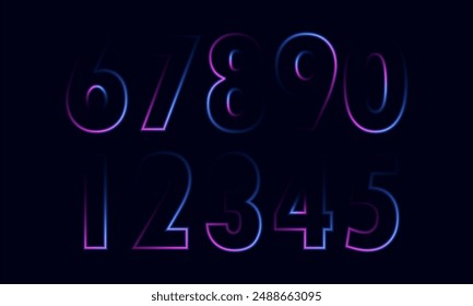 Un conjunto de números y signos de neón para escribir descuentos, fechas, Precios. Diseño de dígitos de Vector de contorno brillante,9