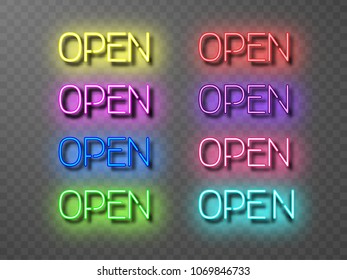 Set of neon open inscriptions of various colours. Glowing letters with shining effect on transparent background. Vector illustration isolated, neon electric lamp shapes in retro style.