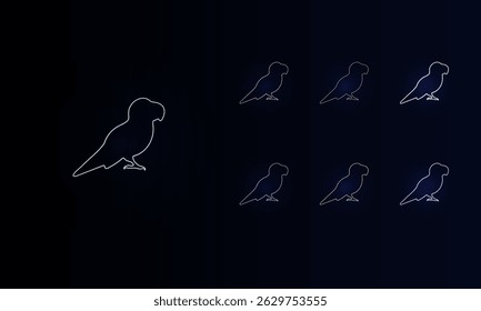 A set of neon parrot symbols. Set of different color symbols, faint neon glow. Vector illustration on black background