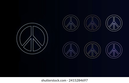 A set of neon peace symbols. Set of different color symbols, faint neon glow. Vector illustration on black background