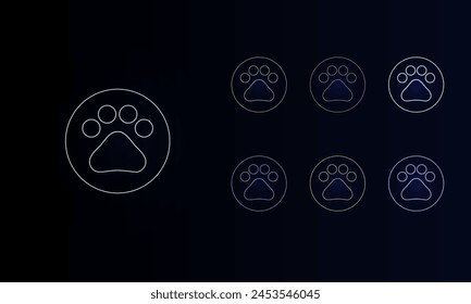 A set of neon pet symbols. Set of different color symbols, faint neon glow. Vector illustration on black background