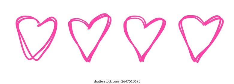 Conjunto de neon rosa handdraw scrawl corações em estilo doodle. Caneta de feltro grosseira ou esboço marcador. Ilustração vetorial