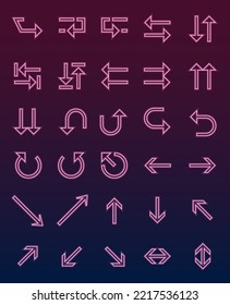 Set Of Neon Pink Light Arrows Isolated On Dark Background. Vector Illustration Of Various Arrows With Different Directions. Icon Sign Collection. 