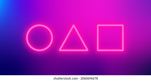 Set of neon pink shapes circle triangle square. 3d realistick geometric shapes on colorful background. Stock vector illustration.