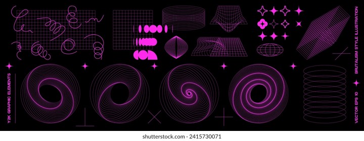 Conjunto de objetos de armazón de neón vectorial rosa y elementos retro futuristas de y2k. Cuadrícula de línea torus, agujero de gusano, malla de perspectiva, iconos de forma geométrica. Diseño de geometría retro colección de elementos de estilo 90s y2k